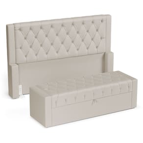 Cabeceira e Calçadeira Báu Casal Padrão Atena 140cm Capitonê Suede Bege Claro - Abmaza