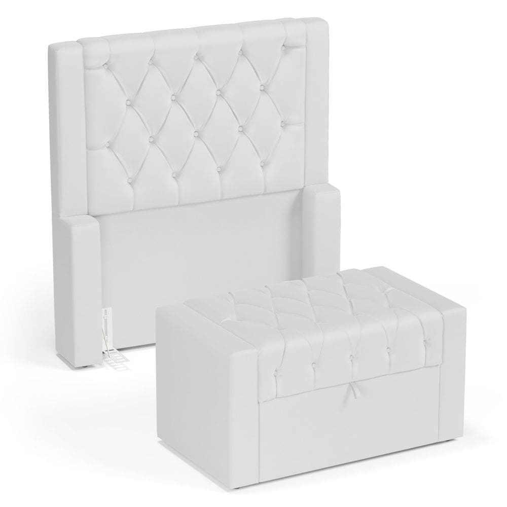Cabeceira e Calçadeira Báu Solteiro Atena 90cm Capitonê Sintético Branco - Abmaza
