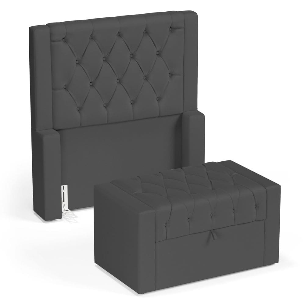 Cabeceira e Calçadeira Báu Solteiro Atena 90cm Capitonê Suede Cinza - Abmaza