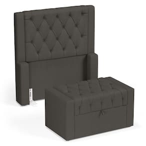 Cabeceira e Calçadeira Báu Solteiro Atena 90cm Capitonê Linho Cacau - Abmaza