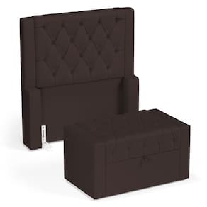 Cabeceira e Calçadeira Báu Solteiro Atena 90cm Capitonê Suede Marrom - Abmaza