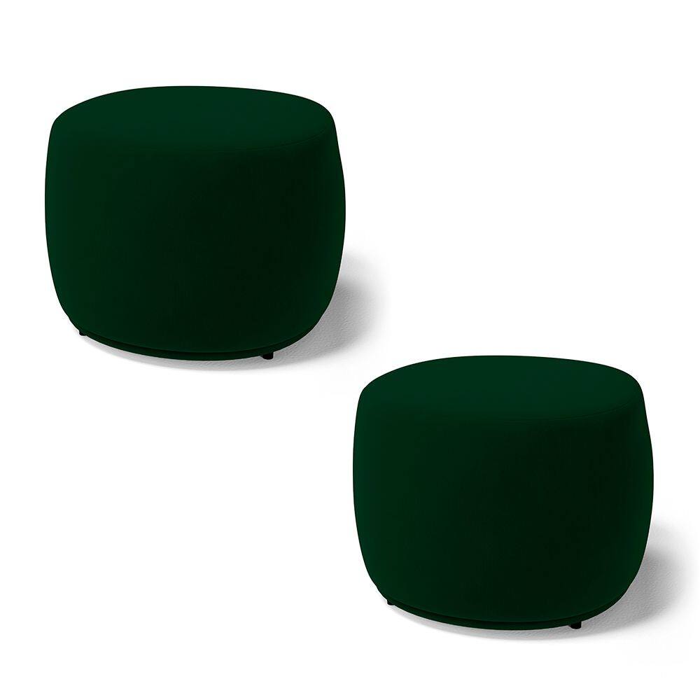 Kit 02 Puffs Decorativos Living Aisha Orgânico Redondo Veludo Verde Escuro - Abmaza