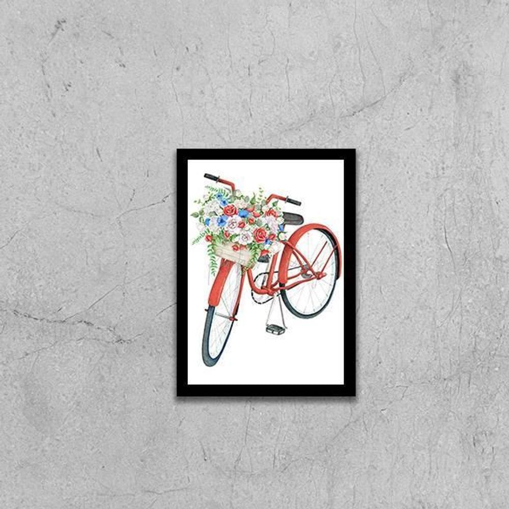 Quadro Bicicleta Vermelha Com Flores 45X34Cm Com Vidro Preta