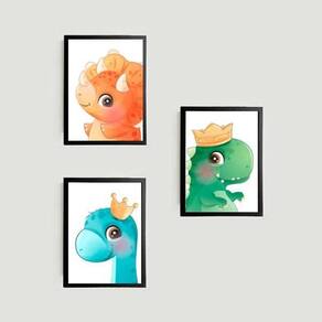Kit 3 Quadros Dinossaurinhos Fofos 45X34Cm Com Vidro Preta