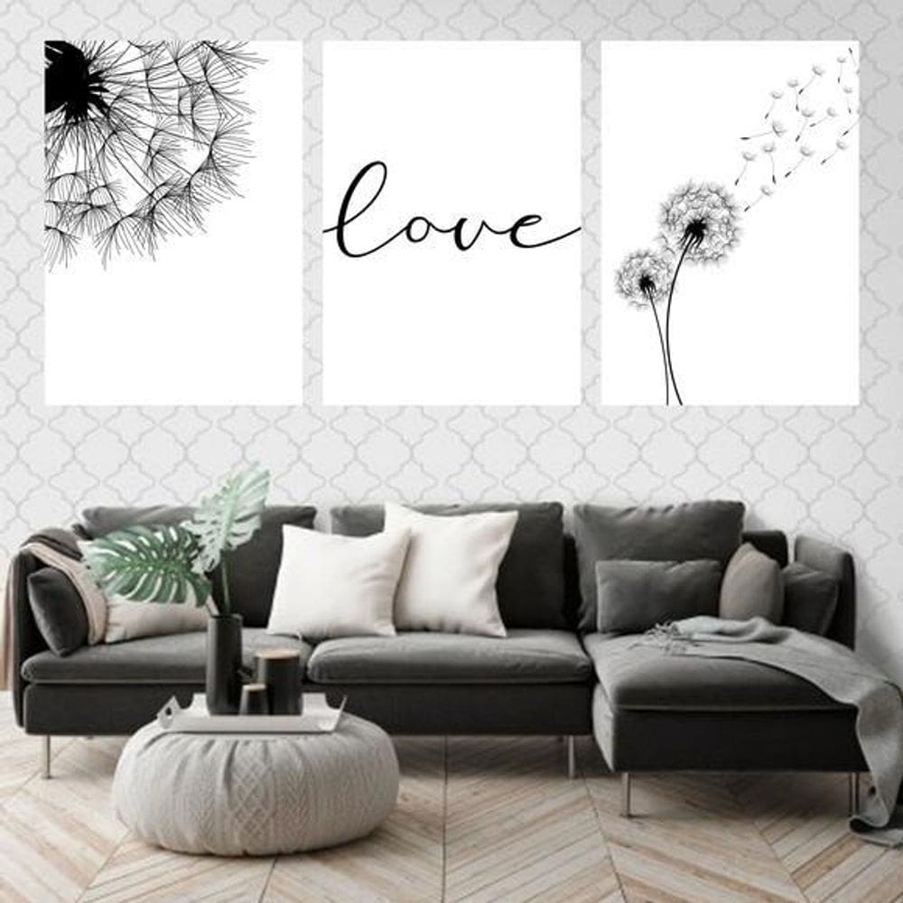 Kit 3 Quadros Love Dente De Leão 60X40Cm Moldura Branca