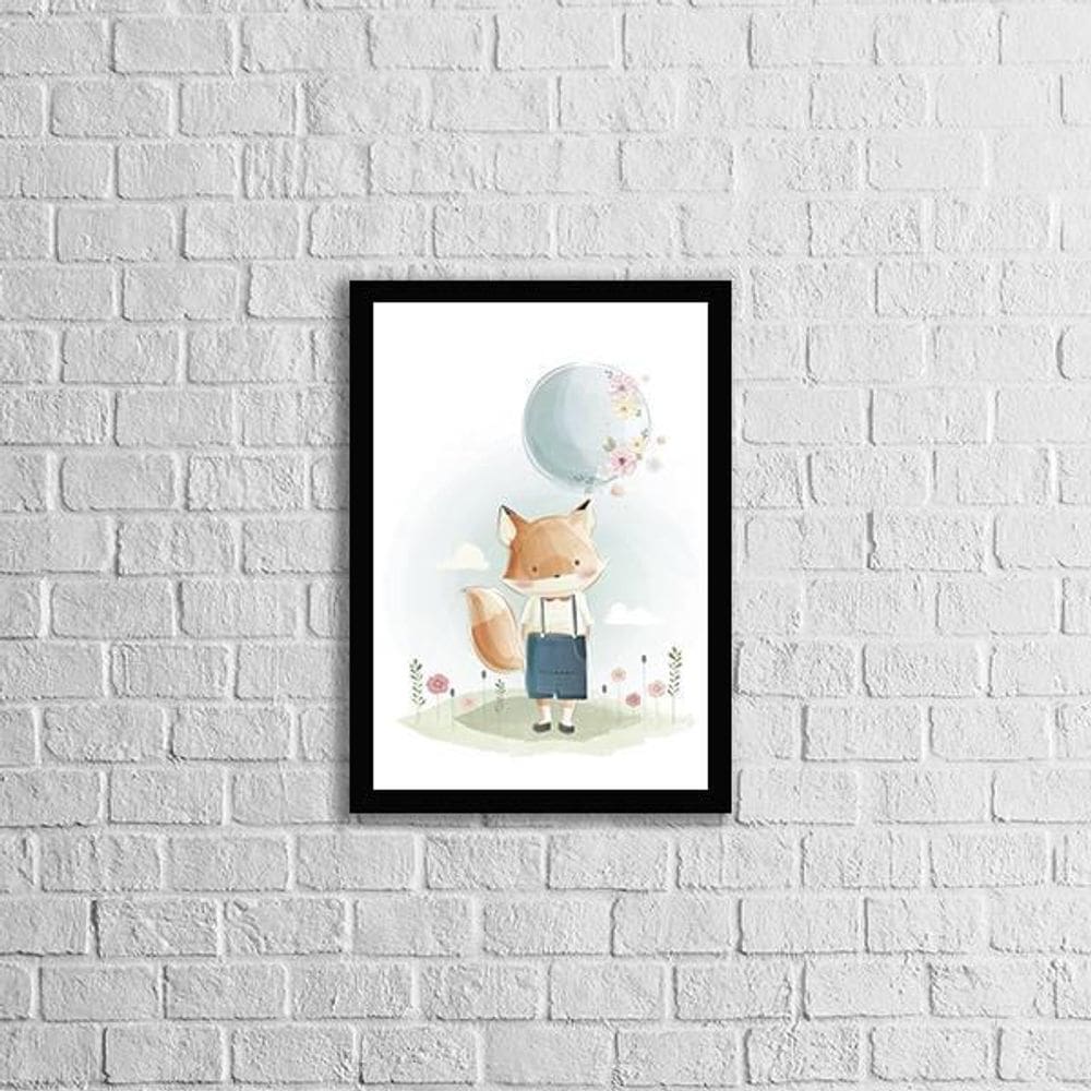 Quadro Infantil Estilo Aquarela Raposinha Com Balão 33X24Cm