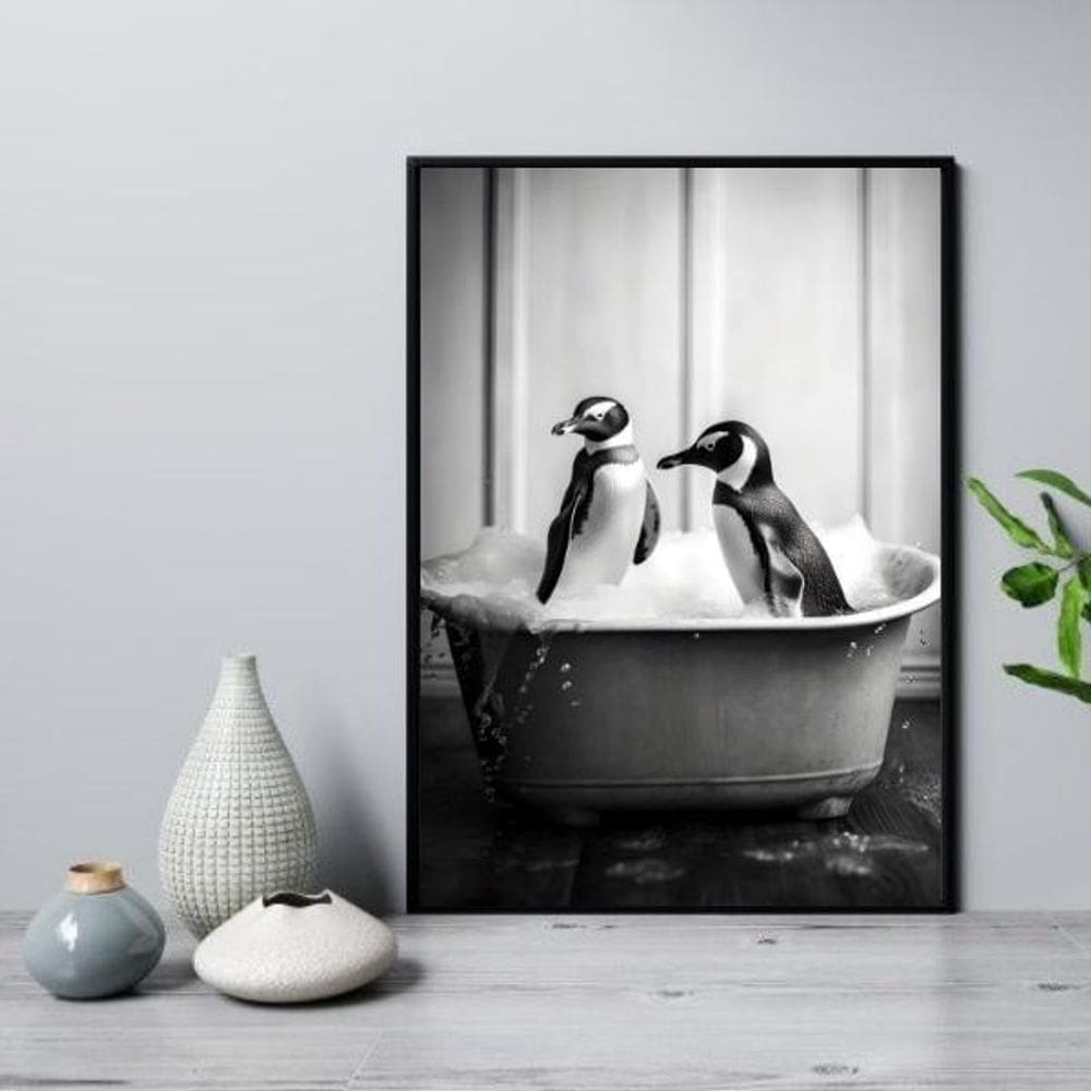 Quadro Para Banheiro Casal De Pinguins 24X18Cm - Com Vidro