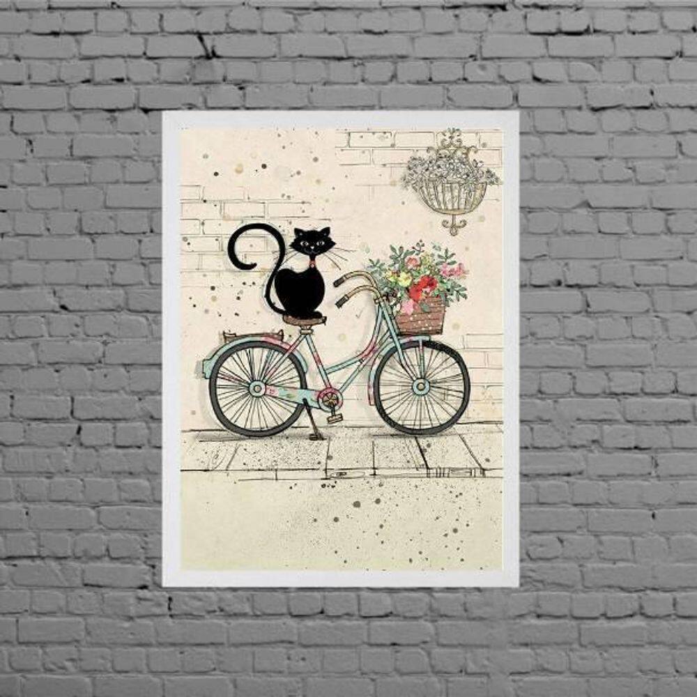 Quadro Decorativo Gato Com Bicicleta 33X24Cm - Com Vidro