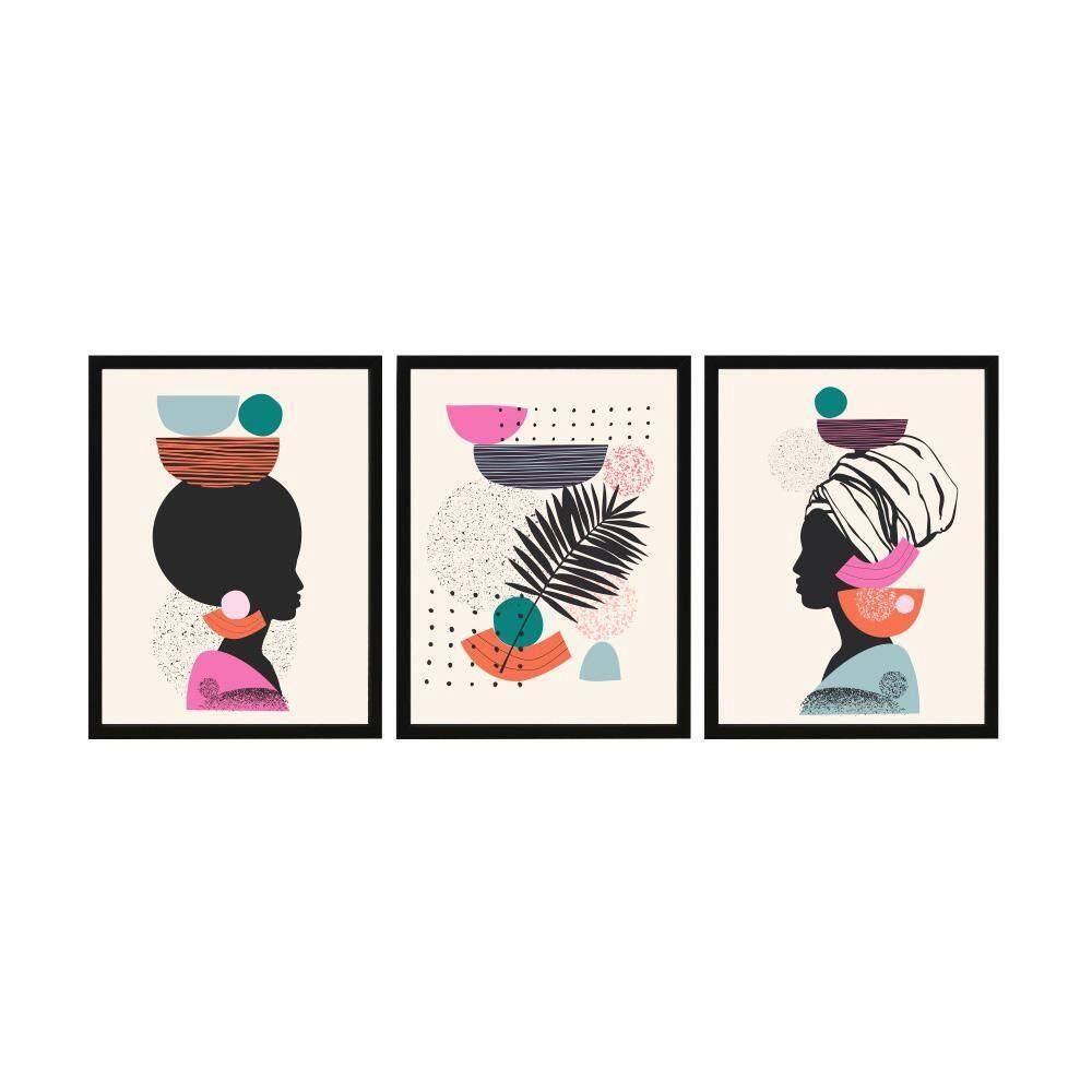 Kit Quadro Decorativo Moldura Mulher Africana Folha 3 Peças