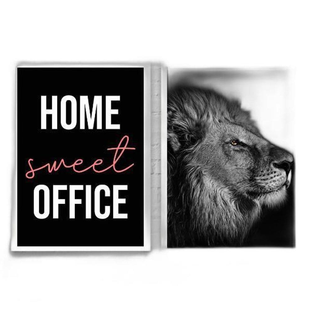 Kit 2 Quadros Home Sweet Office Leão 33X24Cm - Com Vidro