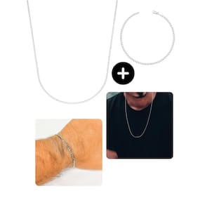 Kit Corrente Cordão 60Cm + Pulseira Masculina Prata Fita