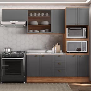Cozinha Completa Milla Plus Armário e Balcão Nog/Cinza Carraro
