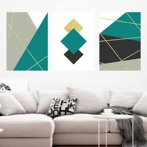 Kit 3 Quadros Linhas Douradas - Turquesa 60X40Cm Branca