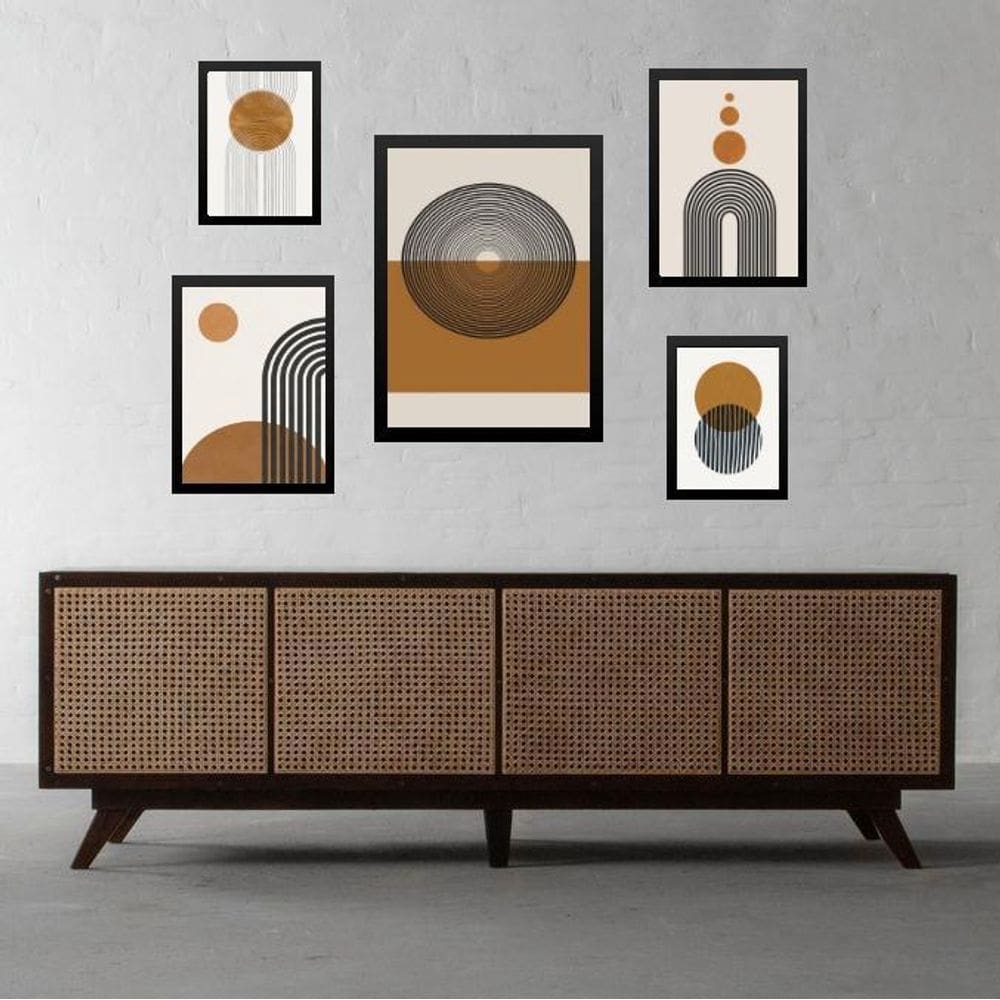 Kit 5 Quadros Abstratos Marrom E Preto - Com Vidro