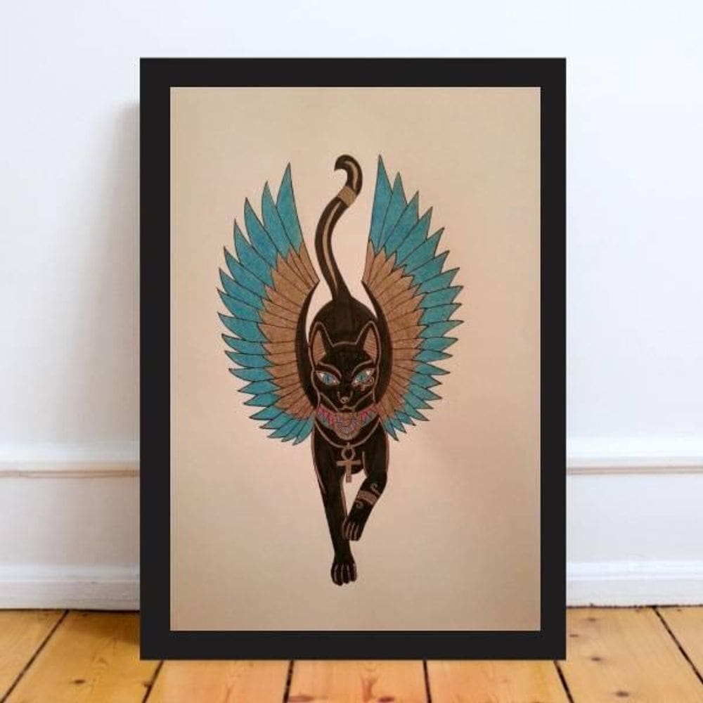 Quadro Gato Egípcio Bastet 33X24Cm Moldura Preta