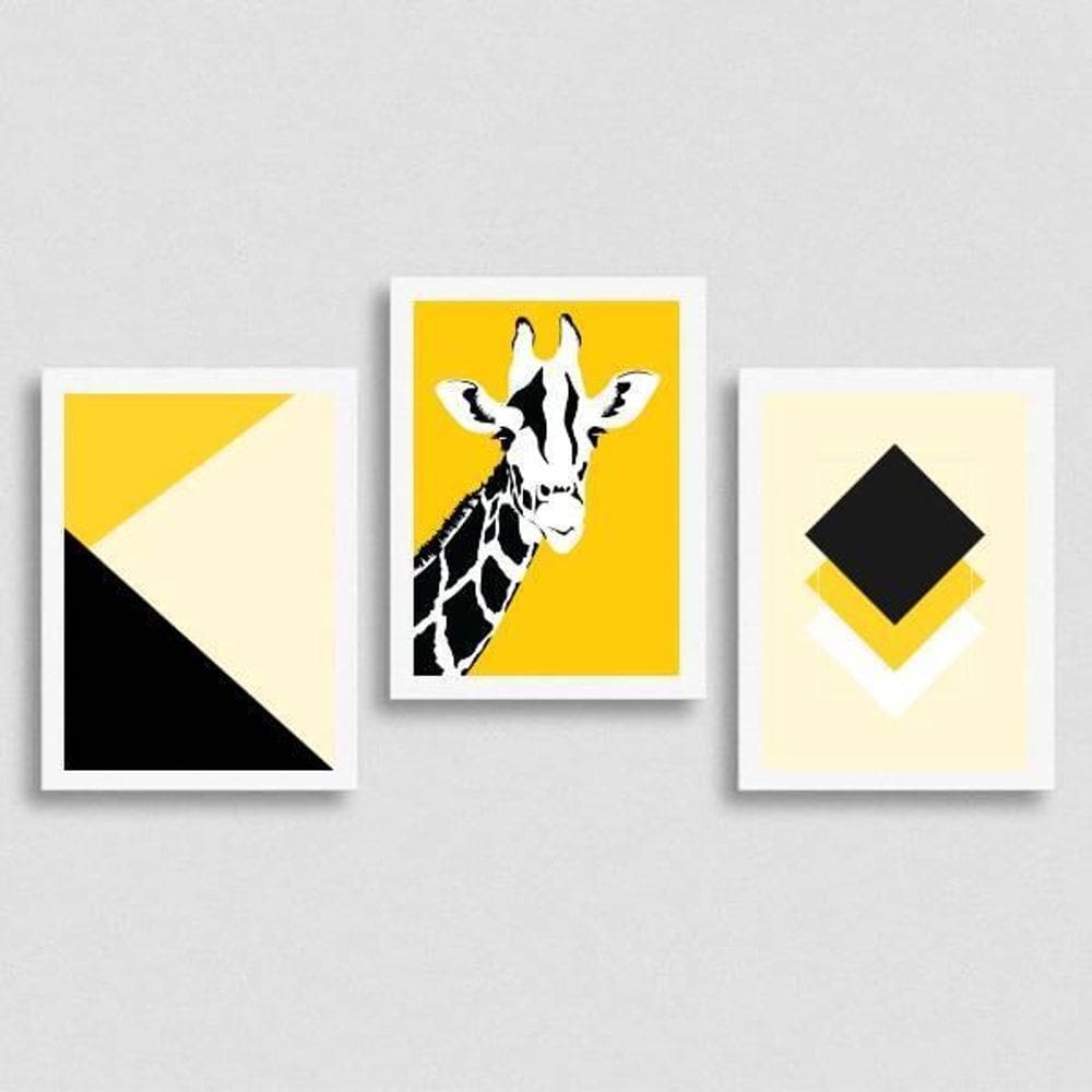Kit 3 Quadros Preto E Amarelo Girafa 24X18Cm Moldura Branca