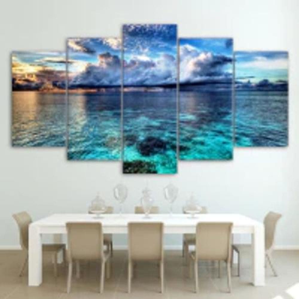 Quadro Decorativo Mosaico De 5 Peças Paisagem Mar E Nuvens