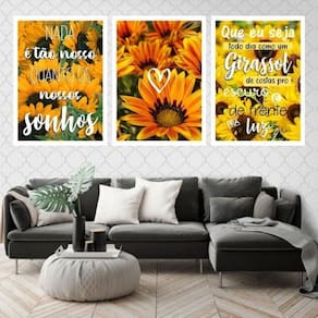 Kit 3 Quadros Girassol Nossos Sonhos 60X40Cm Moldura Branca
