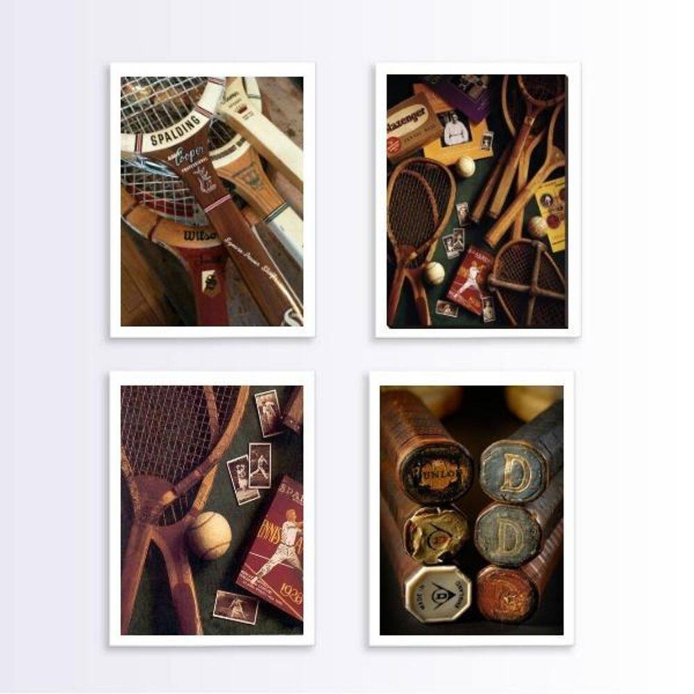 Kit 4 Quadros Esporte Tênis Vintage 24X18Cm Branca