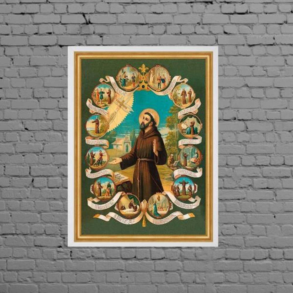 Quadro Vintage São Francisco De Assis 24X18Cm Moldura Branca