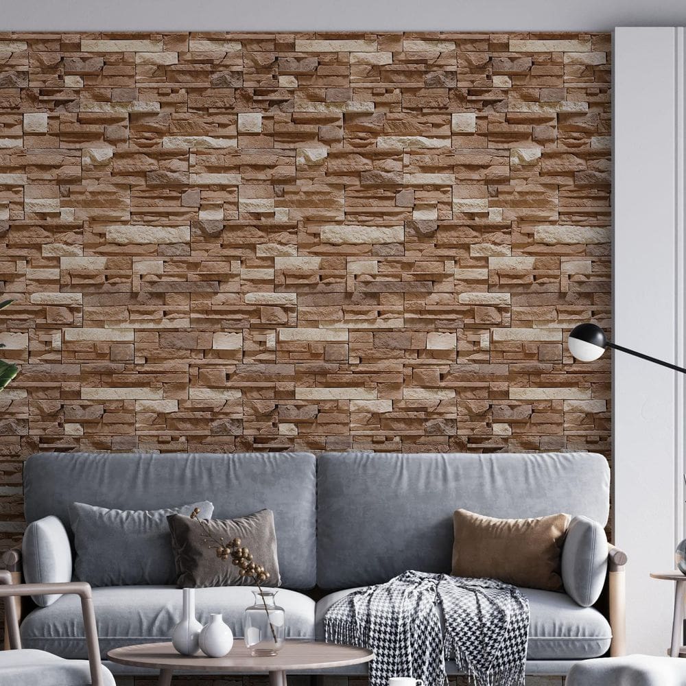 Kit 4 Rolos Papel De Parede Adesivo Pedra Marrom 3,0M