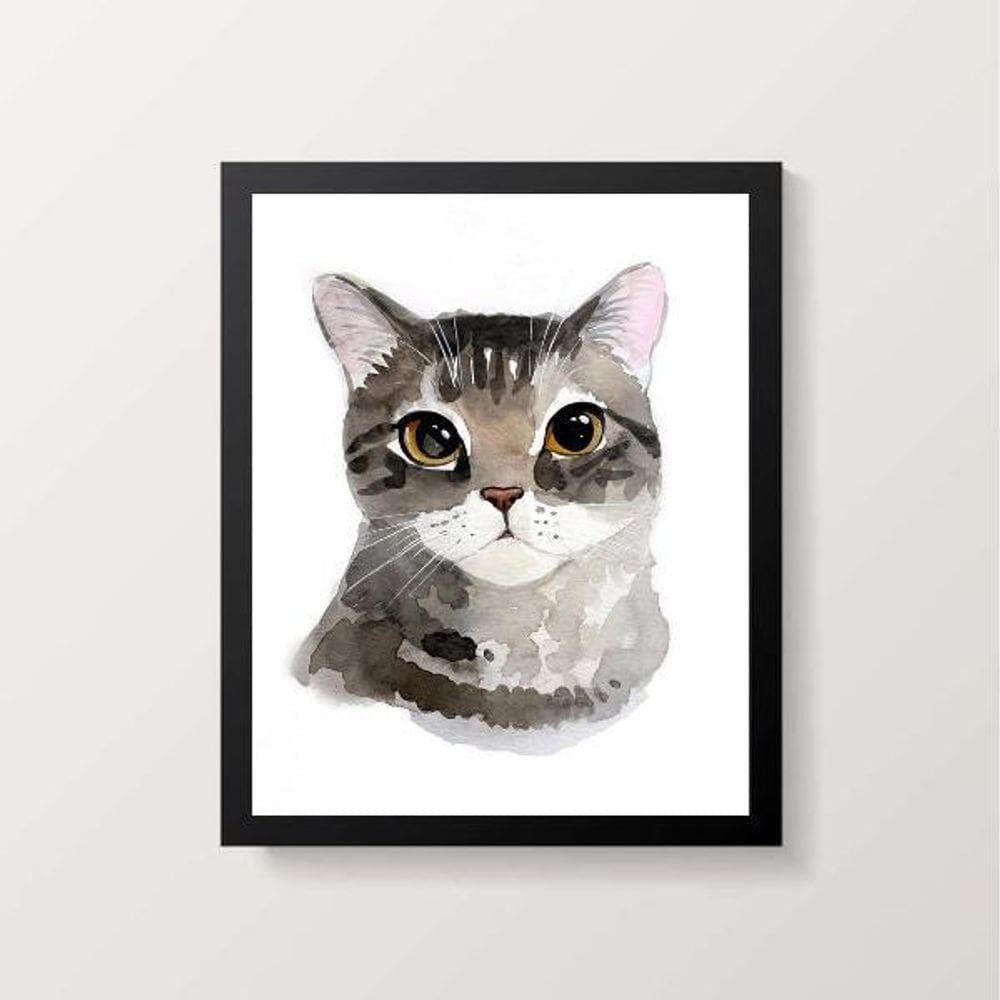 Quadro Ilustração Gato Cinza 24X18Cm Preta