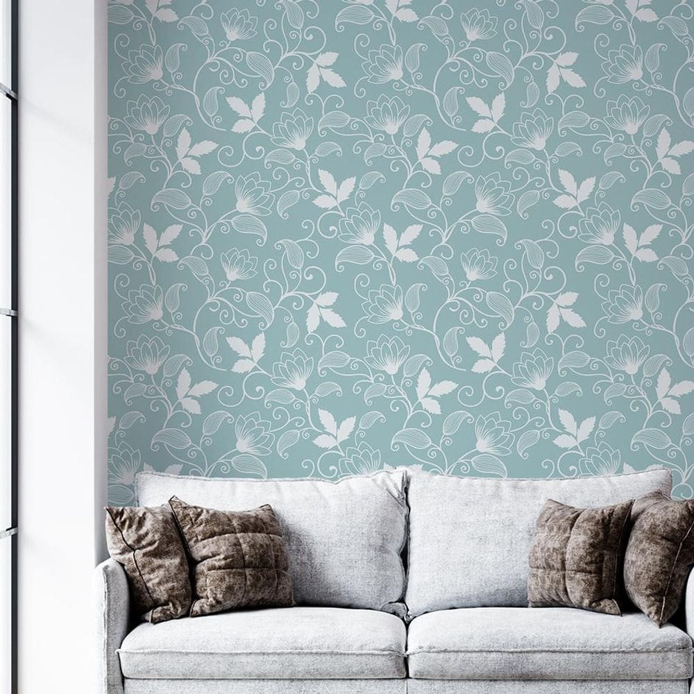 Kit 7 Rolos Papel De Parede Adesivo Floral Azul Branco 3,0M