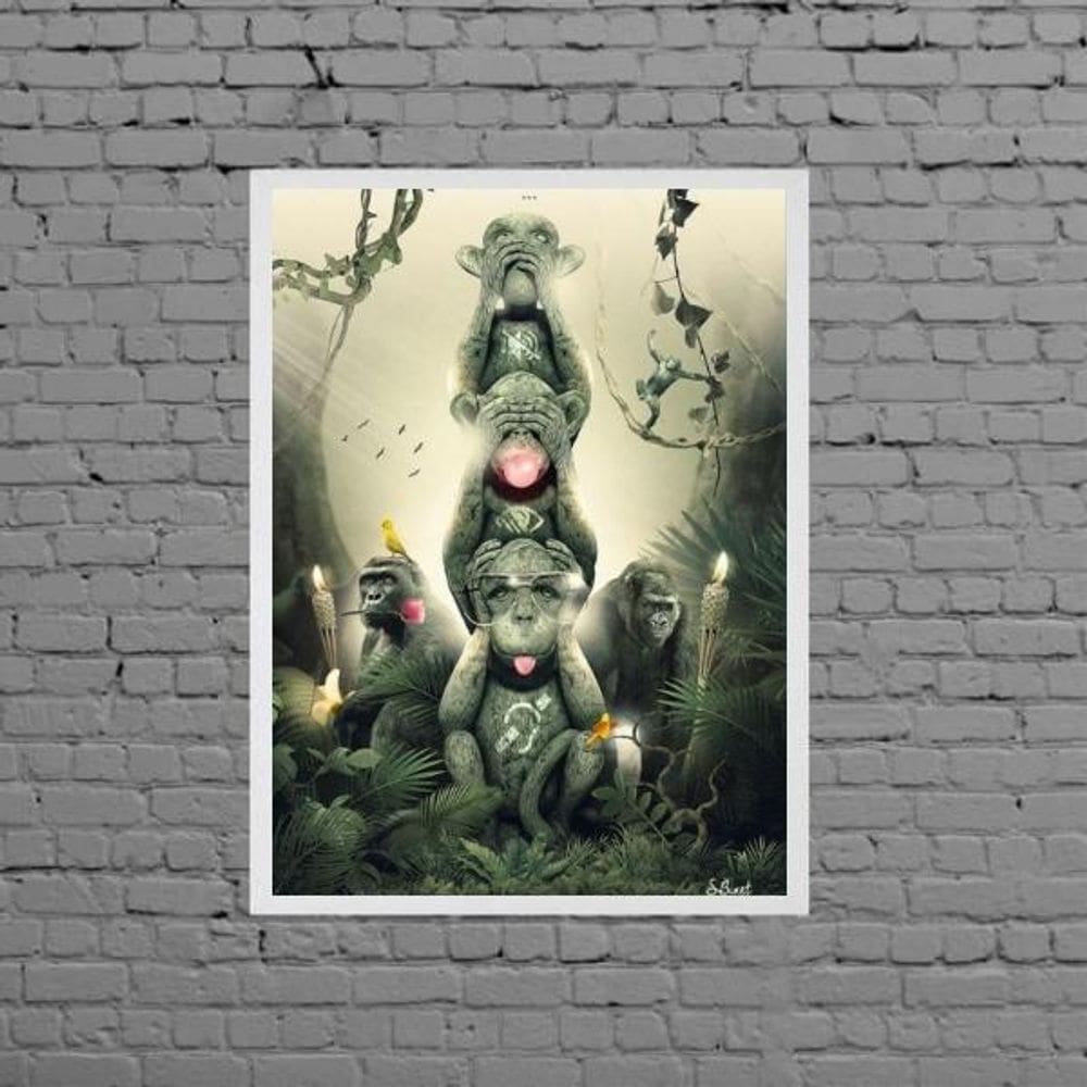 Quadro Três Macacos Sábios Modernos 45X34Cm  Madeira Branca