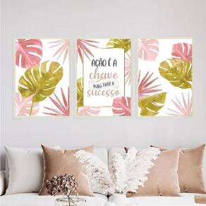 Kit 3 Quadros Ação É A Chave O Sucesso 45X34Cm Vidro Branca