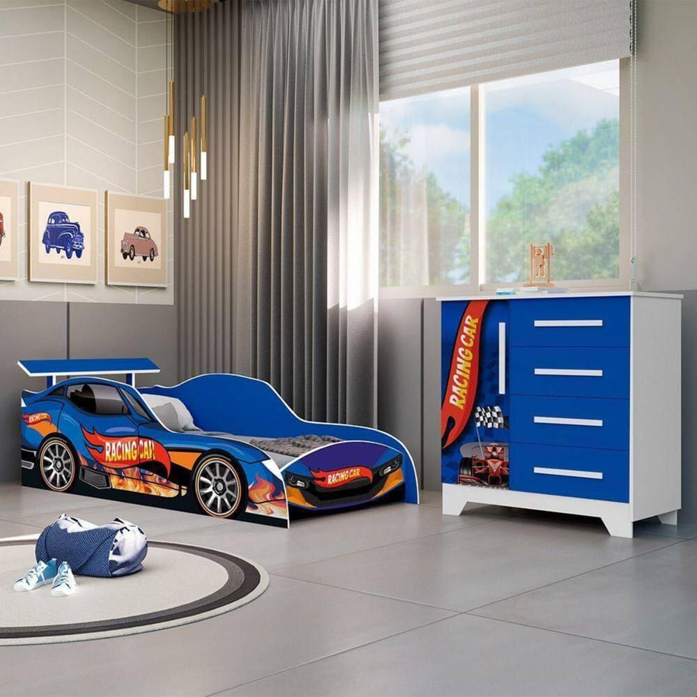 Jogo de Quarto Infantil - Cama e Comoda Carro Personagens - Azul