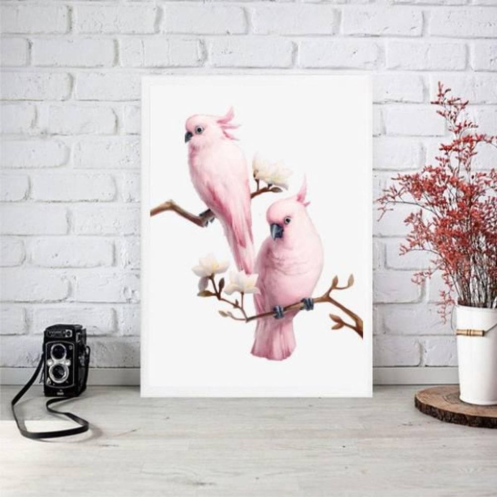 Quadro Decorativo Passarinhos Rosa 24X18Cm Moldura Branca