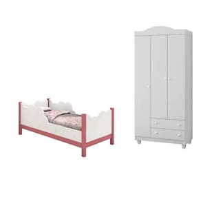 Cama Infantil Juvenil Nuvem Branco/rosa com Guarda Roupa Lara Branco