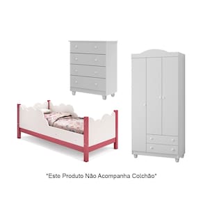 Cama Infantil Juvenil Nuvem Branco/rosa com Comoda e Guarda Roupa Lara Branco