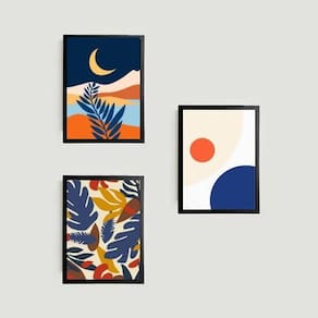 Kit 3 Quadros Folhagem E Lua Multicoloridos 45X34 Preta