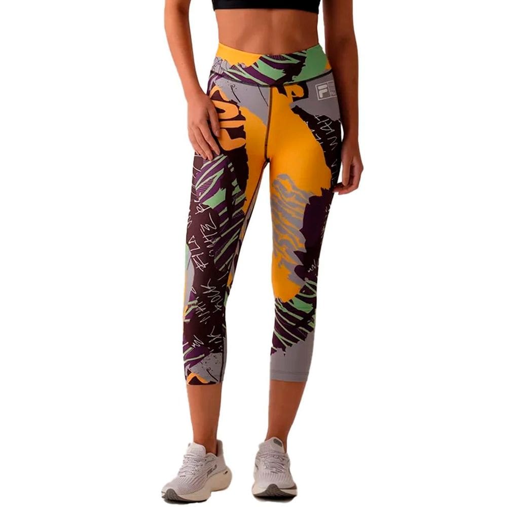 Calça Capri Fila Allover Print Amarela/ Cinza Claro/ Preto