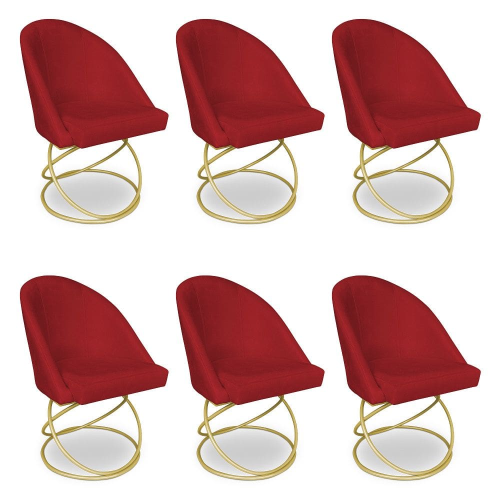 Kit 06 Cadeiras Poltrona de Jantar Bela Suede Vermelho Base Metálica Luxo Dourado - Pallazio