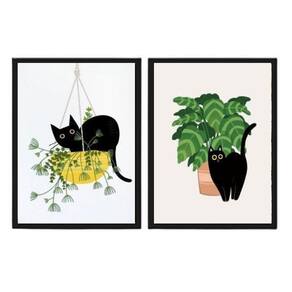 Kit 2 Quadros Decorativos Gato E Plantas 45X34 Madeira Preta
