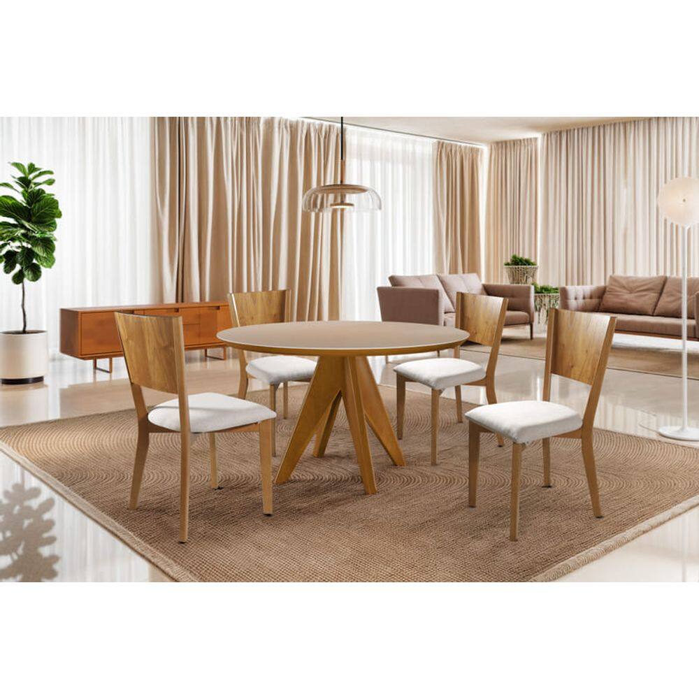 Sala de Jantar Redonda com Vidro Madeira Maciça 4 Cadeiras 1,30m - Ametista - Harmonia Salas