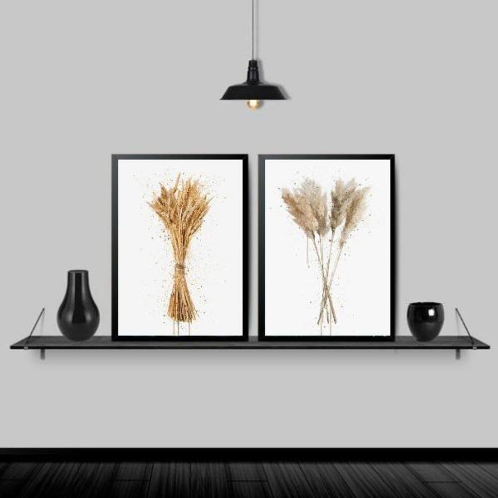 Kit 2 Quadros Trigo E Pampas Aquarela 33X24Cm Madeira Preta