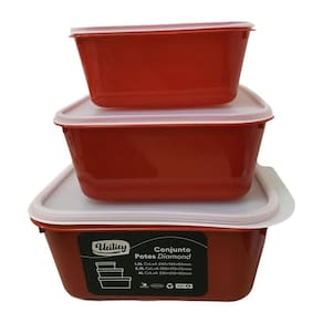 Conjunto 3 Potes Diamond Plástico Com Tampa Vermelho Utility