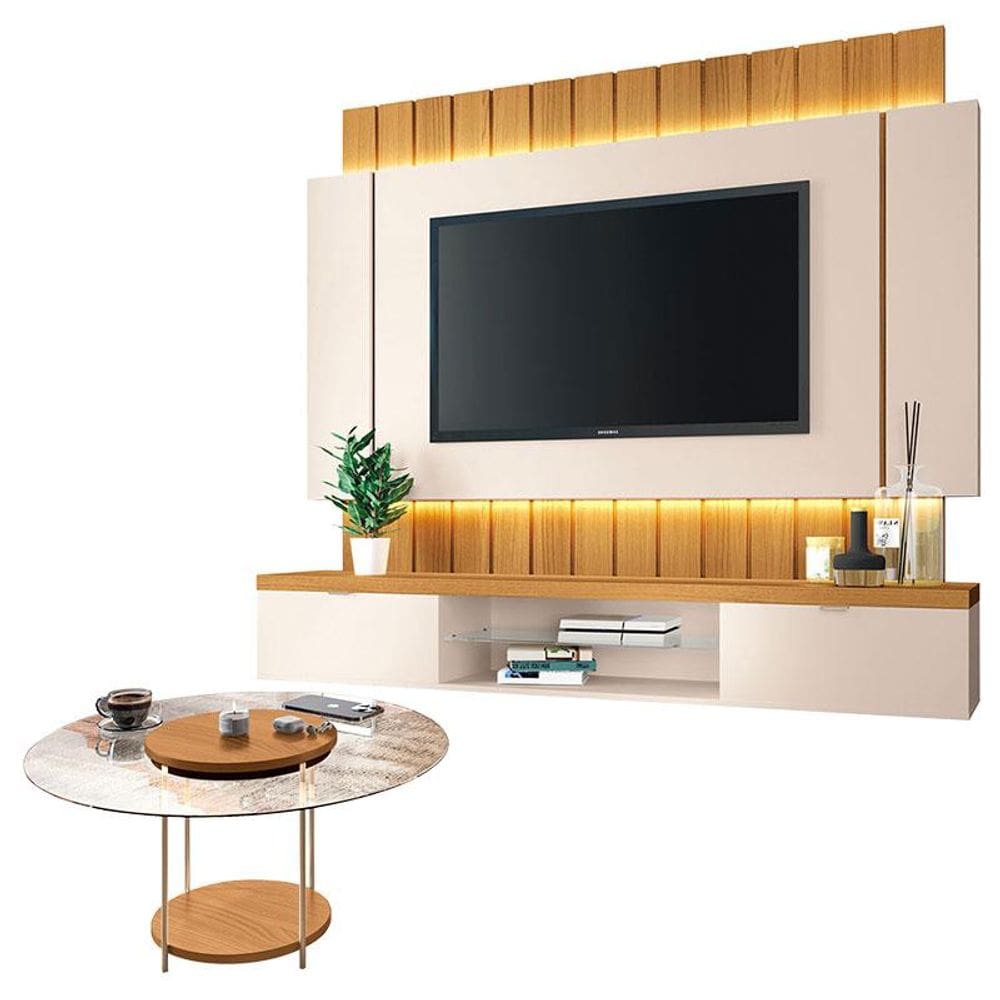 Home Suspenso Illusion 1.8 Cinamomo Off White  e Mesa de Centro Sky com Tampo De Vidro Cinamomo- HB Móveis