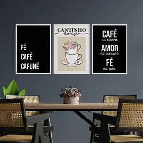 Kit 3 Quadros Fé Café Cafuné 45X34Cm Com Vidro - Branca