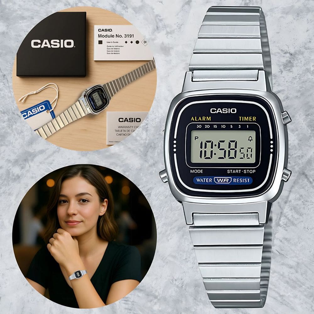 Relógio de Pulso Casio Feminino Vintage Resistente Àgua Alarme Cronometro Quartz Pequeno Mini Aço Inox Quadrado Digital Prata LA670WA-1DF