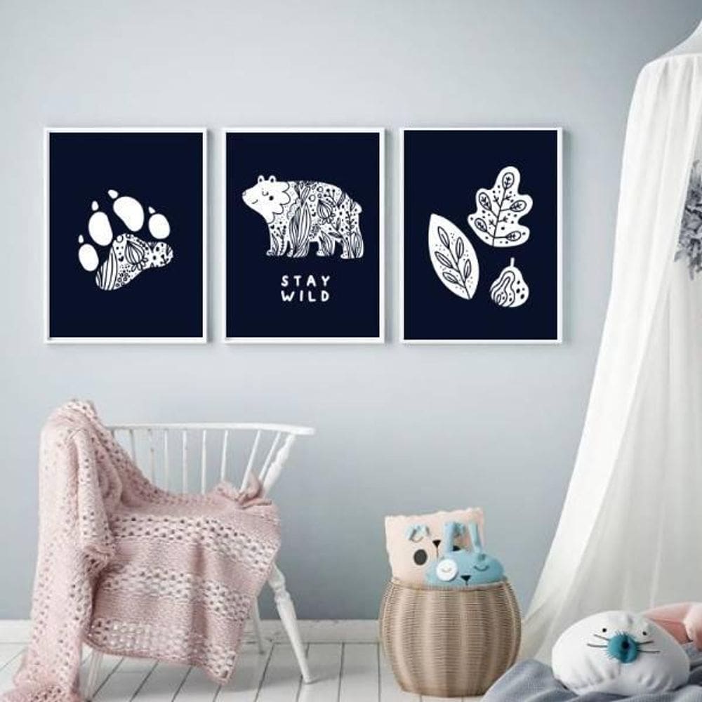 Quadro Decorativo Urso Escandinavo Stay Wild 24X18Cm 3 Peças