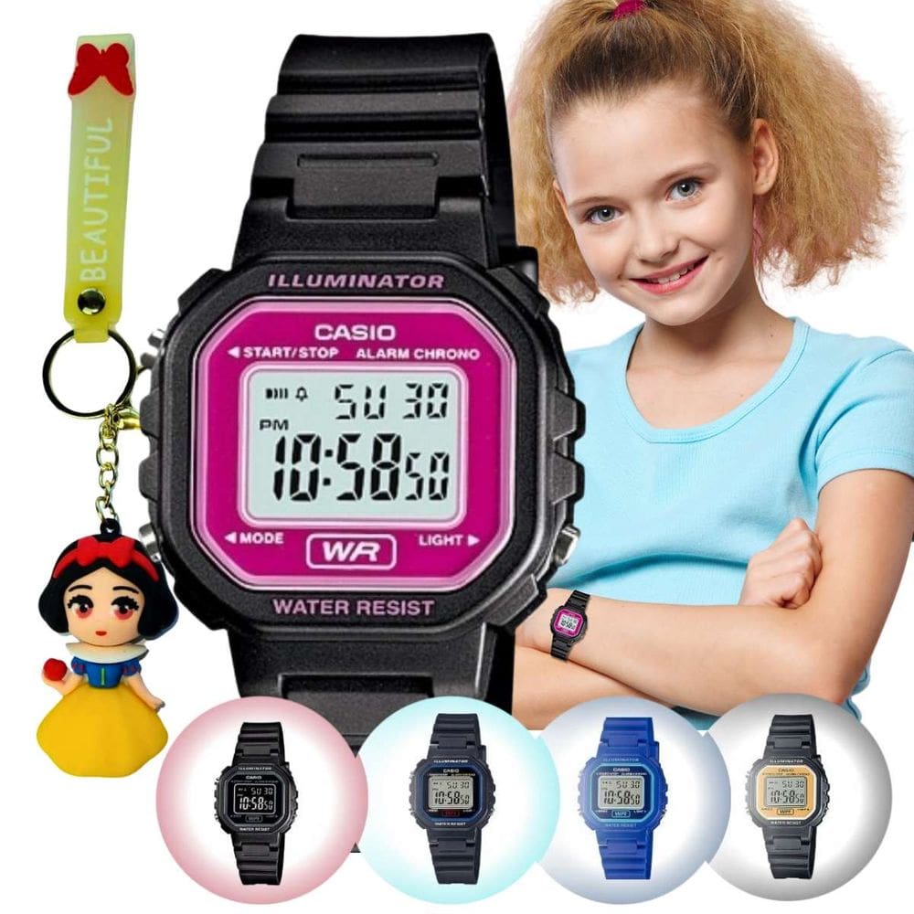 Kit Relógio de Pulso Casio Infantil Digital Resistente Água LA-20WH + Chaveiro Personagens