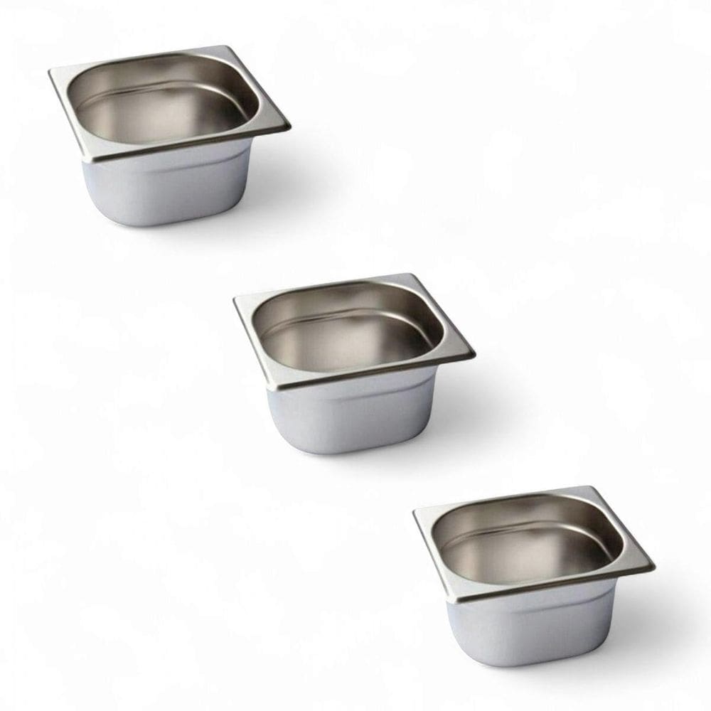 Kit 3 Cubas Gastronômica Inox Gn 1/6 100Mm Sem Alça Prateada