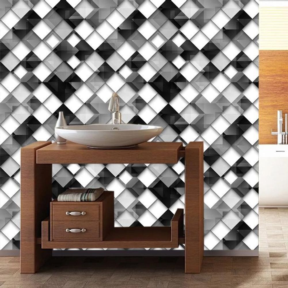 Papel De Parede Geométrico Quadrados Preto Branco Cinza