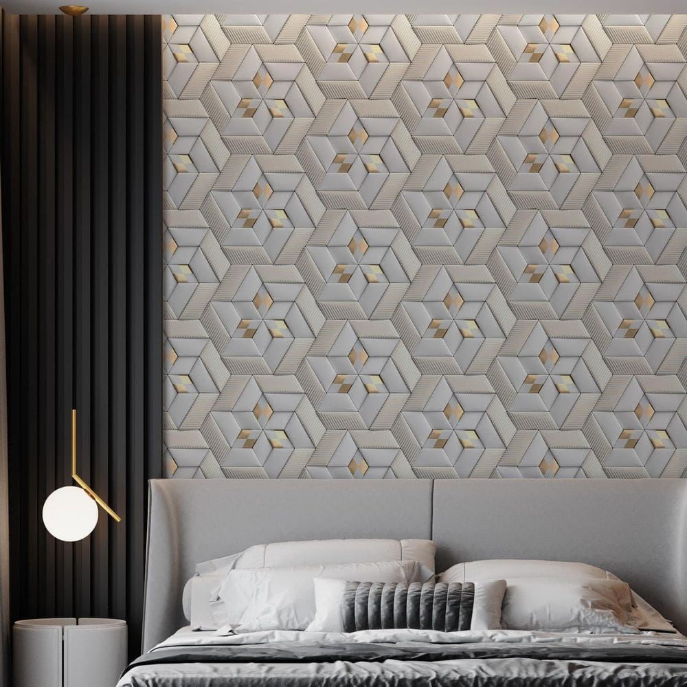 Kit 6 Rolos Papel De Parede Adesivo Geométrico Dourado 3,0M