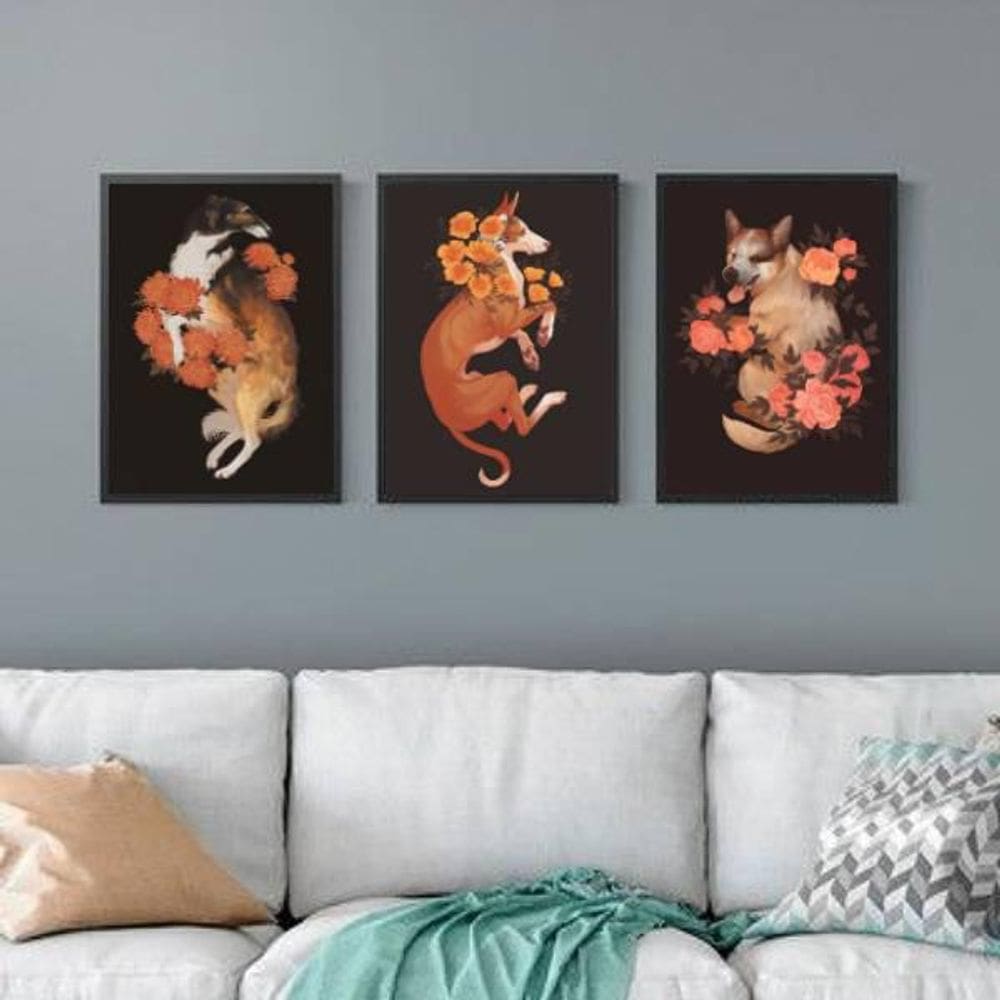 Kit 3 Quadros Cães My Pets Flowers 24X18Cm - Preta