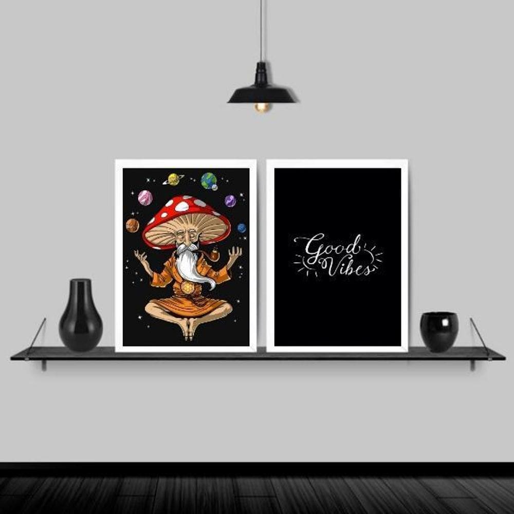 Kit 2 Quadros Monge Meditação Good Vibes 24X18Cm Branca
